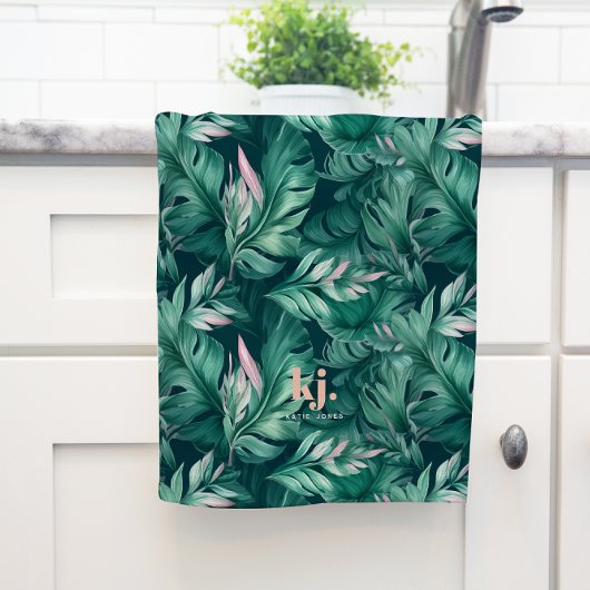 Tropische Blätter Rosa- und Grüne Monogram Teetuch Geschirrtuch