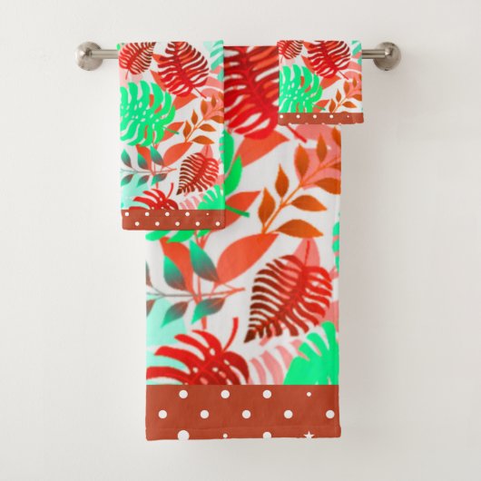Tropische Blätter Rot, Grün, Korallen, Aquamarin, Badhandtuch Set (Insitu)