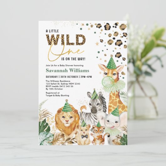 Tropische Blätter Safari Party Animals Kinderdusch Einladung (Stehend Vorderseite)