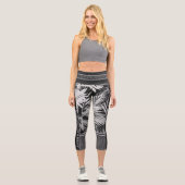 Tropische Blätter Schwarz/Weiß Glitzer stilvoll Capri Leggings (Vorderseite)