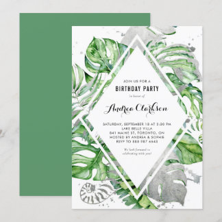 Tropische Blätter Silver Foil Sommer Geburtstagspa Einladung