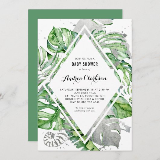 Tropische Blätter Silver Foil Summer Baby Dusche Einladung (Vorne/Hinten)
