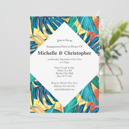 Tropische Blätter Sommerinsel Aloha farbenfrohe Zi Einladung (Stehend Vorderseite)