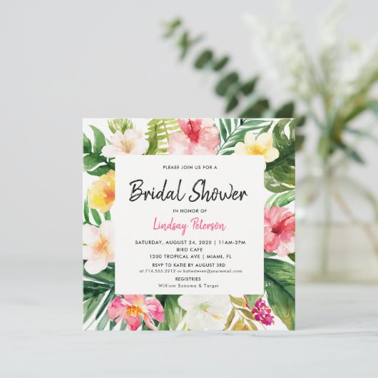 Tropische Blätter Square Bridal Dusche Einladung (Stehend Vorderseite)