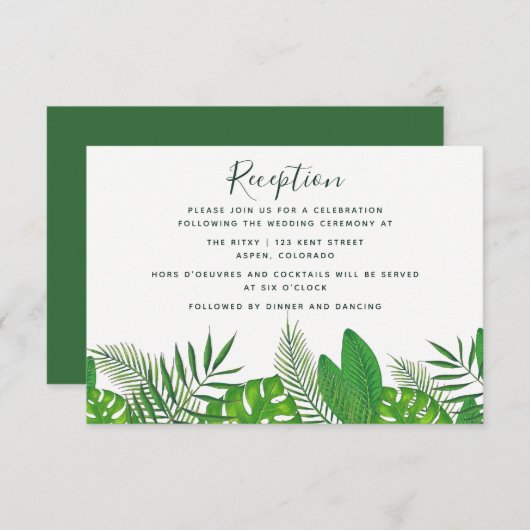 Tropische Blätter Strand Hochzeitsfeier Empfang Einladung (Vorne/Hinten)