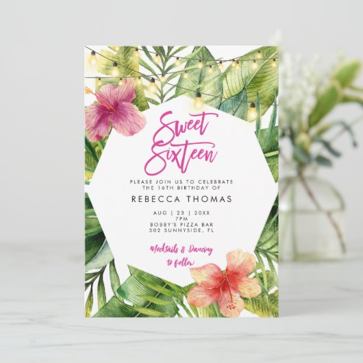 Tropische Blätter süß 16 Party Einladungen (Stehend Vorderseite)