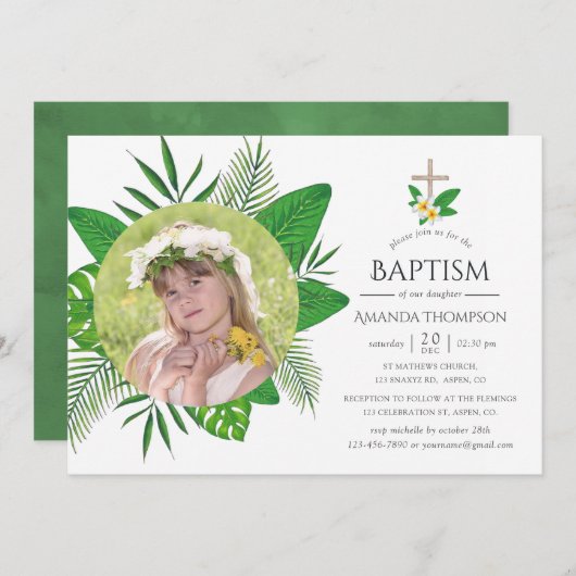 Tropische Blätter Taufe oder Weihnachten Einladung (Vorne/Hinten)