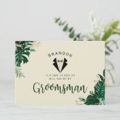 Tropische Blätter & Tuxedo werden Sie mein Trauzeu (Stehend Vorderseite)