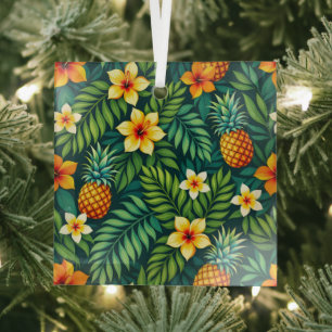 Tropische Blätter und Ananasmuster Ornament Aus Glas