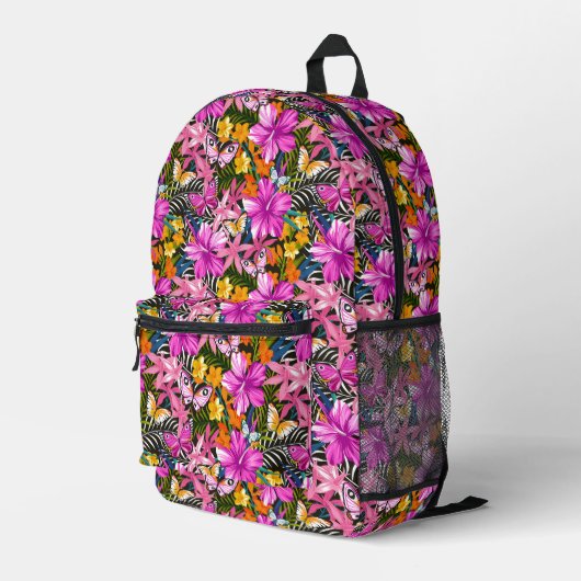 Tropische Blätter und Blume Bedruckter Rucksack (Rückseitige Ecke Rechts)