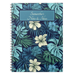 Tropische Blätter und Blume Blau und Weiß Notizblock