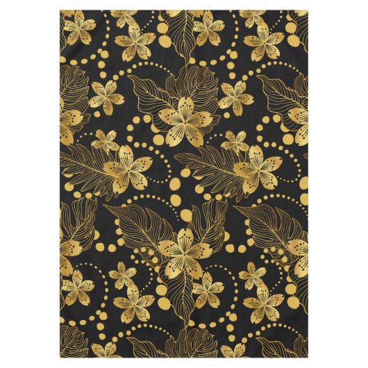 tropische Blätter und Blume in Gold auf schwarz Tischdecke (Vorderseite)