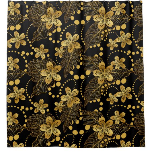 Tropische Blätter und Blume in Schwarz und Gold Duschvorhang (Vorderseite)