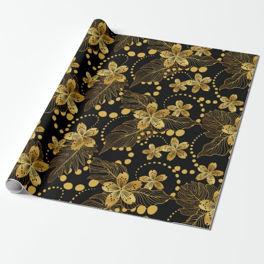 Tropische Blätter und Blume in Schwarz und Gold Geschenkpapier (Ungerollt)