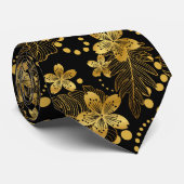 Tropische Blätter und Blume in Schwarz und Gold Krawatte (Gerollt)