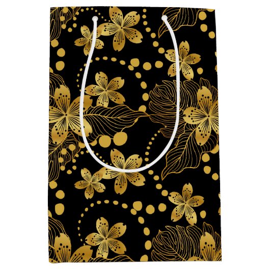 Tropische Blätter und Blume in Schwarz und Gold Mittlere Geschenktüte (Vorderseite)
