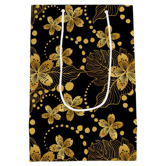 Tropische Blätter und Blume in Schwarz und Gold Mittlere Geschenktüte (Rückseite)