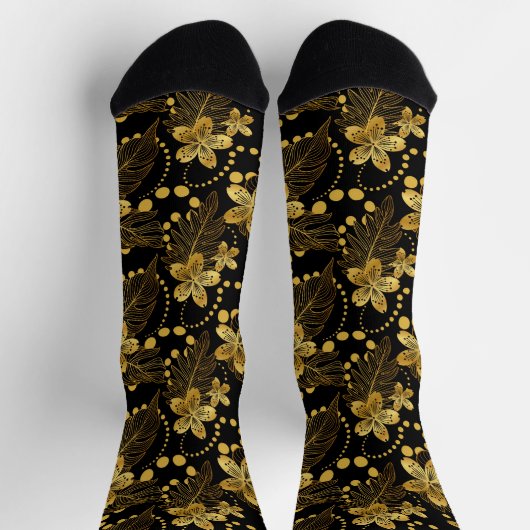 Tropische Blätter und Blume in Schwarz und Gold Socken (Oben)