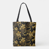 Tropische Blätter und Blume in Schwarz und Gold Tasche (Rückseite)