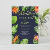 Tropische Blätter und Blume Retro-Hochzeit Einladung (Stehend Vorderseite)