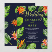 Tropische Blätter und Blume Retro-Hochzeit Einladung (Vorne/Hinten)