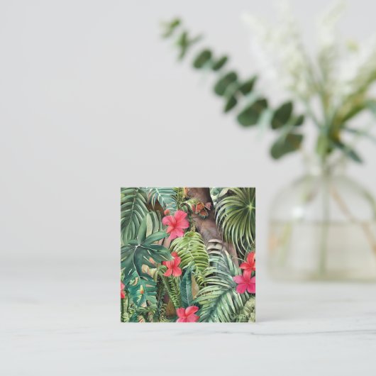 Tropische Blätter und Blume sind für ihre Quadratische Visitenkarte (Stehend Vorderseite)