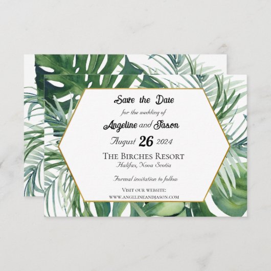 Tropische Blätter und Hochzeiten im Grünen speiche Save The Date (Vorne/Hinten)