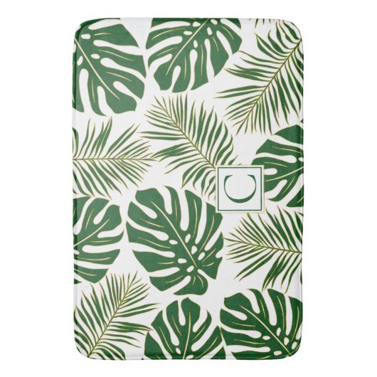 Tropische Blätter und Monogramm, grün und gold Badematte (Vorderseite Vertikal)