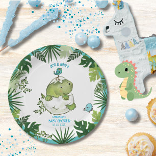 Tropische Blätter Wasserfarbe Dino Kinderdusche Te Pappteller