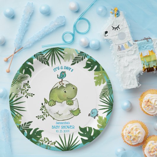 Tropische Blätter Wasserfarbe Dino Kinderdusche Te Pappteller