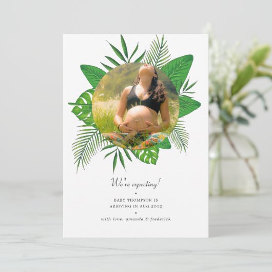 Tropische Blätter Wasserfarbe Foto Schwangerschaft Ankündigung (Stehend Vorderseite)
