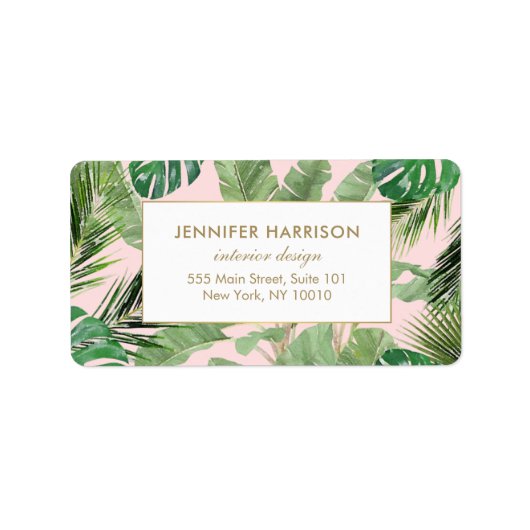 tropische Blätter Wasserfarbe Muster auf rosa Adressaufkleber (Vorne)