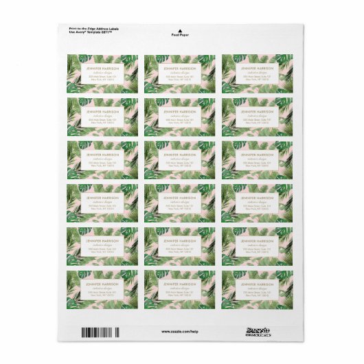 tropische Blätter Wasserfarbe Muster auf rosa Adressaufkleber (Vorne)