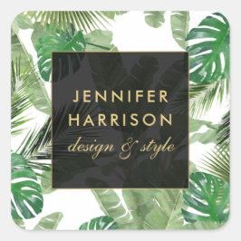 Tropische Blätter Wasserfarbe Muster auf Weiß Quadratischer Aufkleber