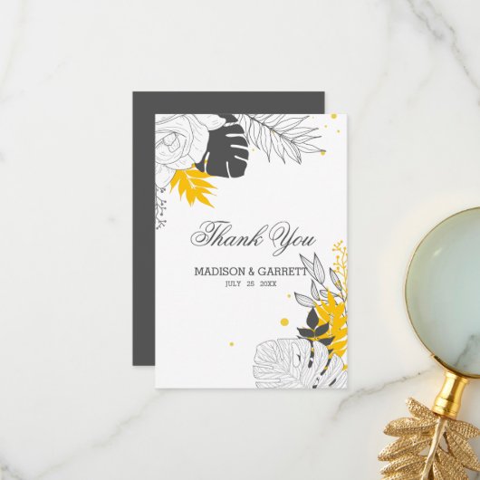 Tropische Blätter weiß und gelb, danke: Dankeskarte (Vorderseite/Rückseite Beispiel)