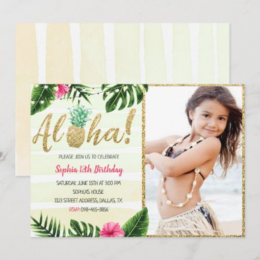 Tropische Blätter zum Geburtstag Einladung mit Fot (Vorne/Hinten)