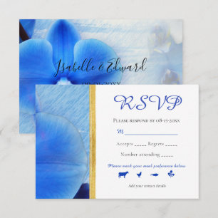 Tropische blaue Aquarell-Orchideen Gold-Linie Hoch RSVP Karte