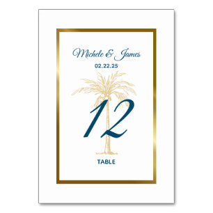 Tropische blaue goldene Palmenstrandhochzeit Tischnummer