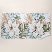 Tropische Blaue Weiße Blumen Strandtuch (Vorderseite)