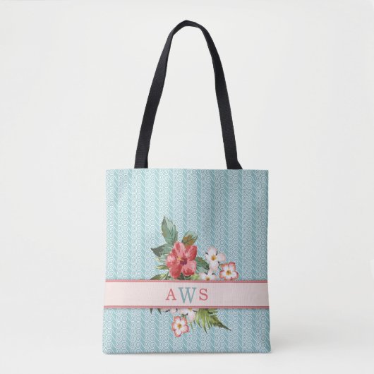 Tropische Blume Aqua/Coral Personalisiert Tasche (Vorderseite)