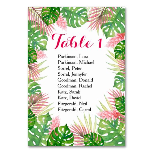 Tropische Blume Aquarelltafel Tischnummer (Vorderseite)