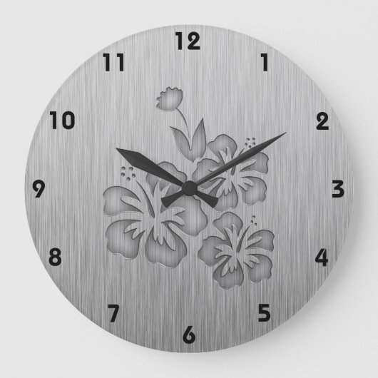Tropische Blume aus gebürstetem Metall Große Wanduhr (Vorderseite)