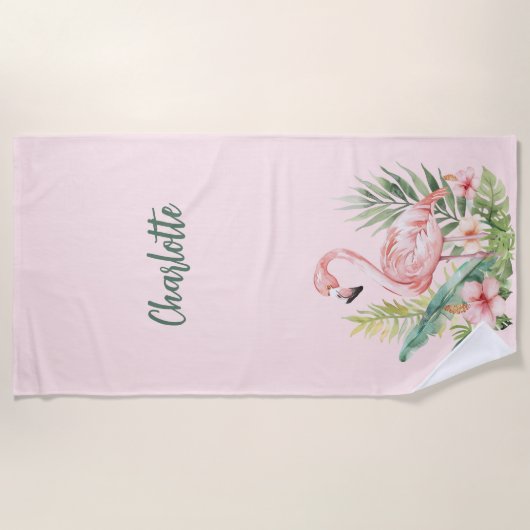 Tropische Blume aus Rosa Flamingo Strandtuch (Vorderseite)