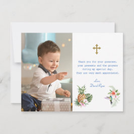 Tropische Blume Bird Foto Boy Cross Taufe Dankeskarte