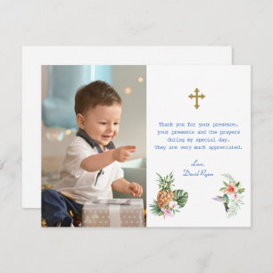 Tropische Blume Bird Foto Boy Cross Taufe Dankeskarte