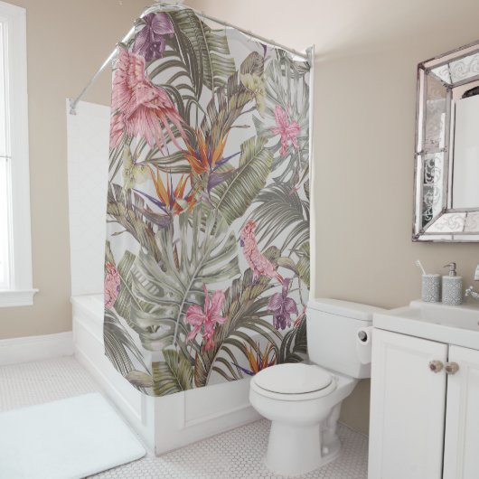 Tropische Blume, Blätter aus Palmen, Paradies  Duschvorhang (Beispiel)