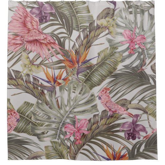 Tropische Blume, Blätter aus Palmen, Paradies  Duschvorhang (Vorderseite)