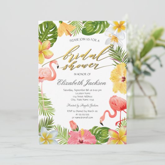 Tropische Blume Blätter Rosa Flamingos Einladung (Stehend Vorderseite)