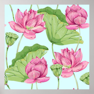 Tropische Blume, Blätter, Rosa Lotus, Poster