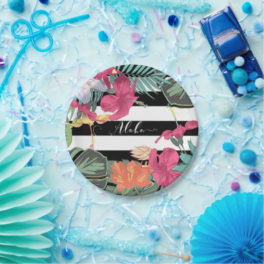 Tropische Blume Blätter Schwarz-weiße Streifen Pappteller (Party)